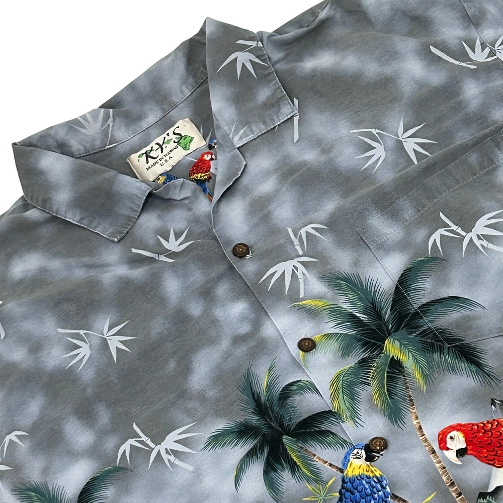 KY'S Hawaiian Shirt Men 2XL Gray Parrot Tropical Palm Tree Surf Made in USA